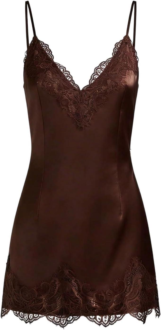 RoseSeek Women's Satin Lace Dress Mini Going Out Elegant Lounge Night Dress | Spaghetti Strap, Silk Dress, Satin Dress, Slip Dress, Night Out Outfits, Y2k, Formal, Wedding Guest Dress