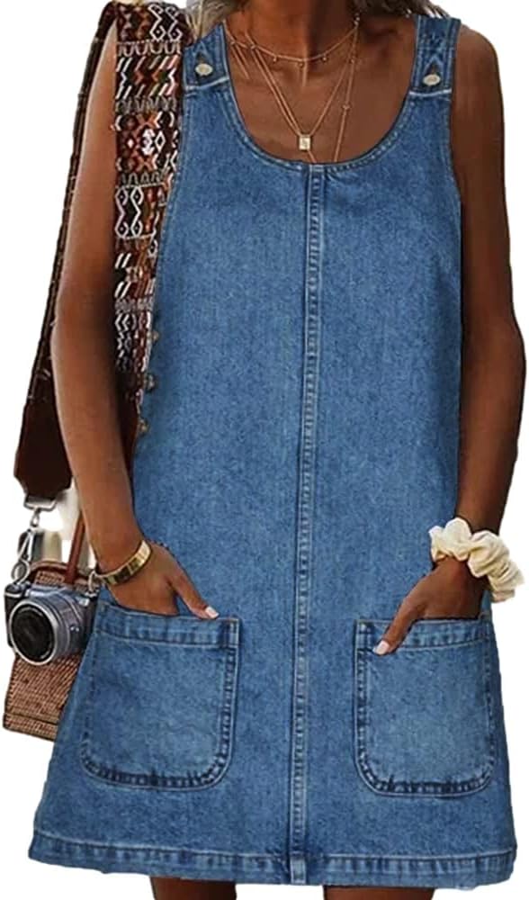 BZB Women's Sleeveless Casual Denim Dress Western Jean Overall Dress | Crewneck, Vintage, Loose, Mini Jean Dress with Pockets , Western Cowgirl Outfits