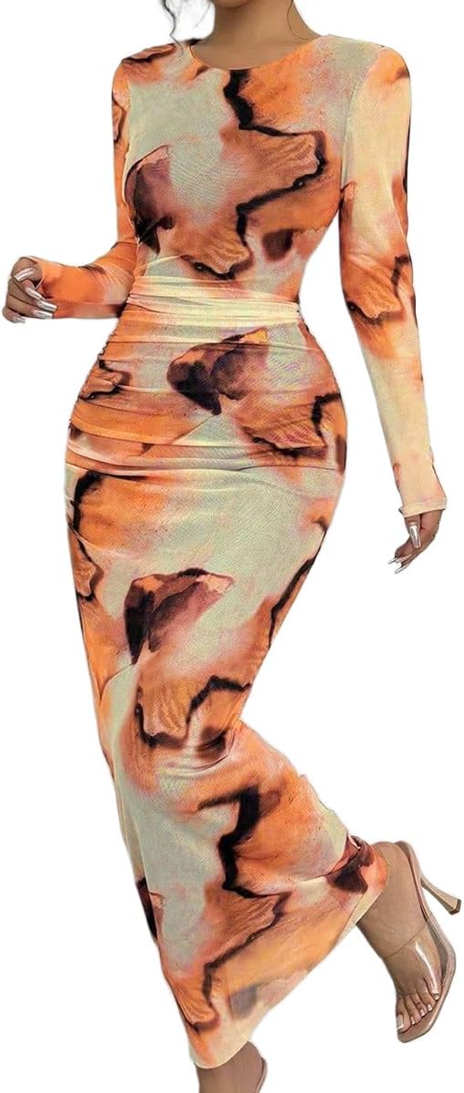 Narecte Fall Dresses for Women Long Sleeve Bodycon Mesh Maxi Dress | Tie Dye Printed Sheer Mesh Long Dress with Crew Neck, Casual Elegant Ruched Bodycon Formal Party Cocktail Dress