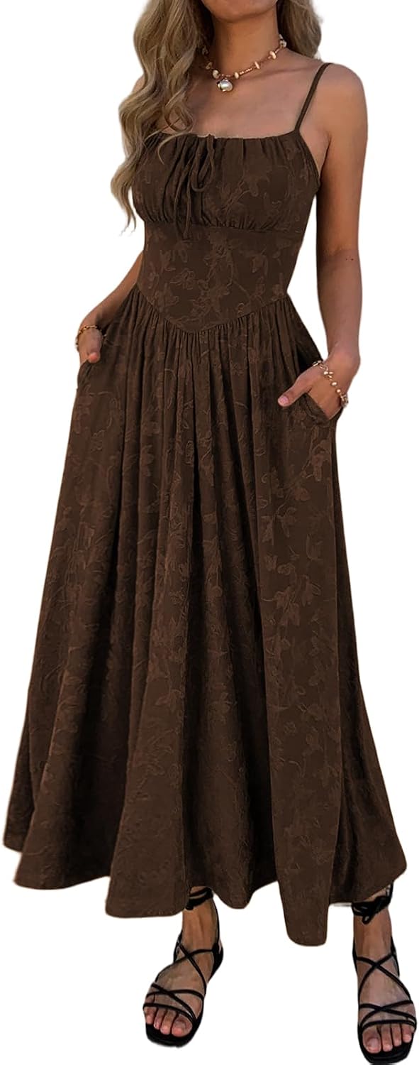 Mieazom Women\u2019s Floral Maxi Dress Spaghetti Strap Sleeveless Summer Dress Tie Front A Line Casual Long Dress with Pockets