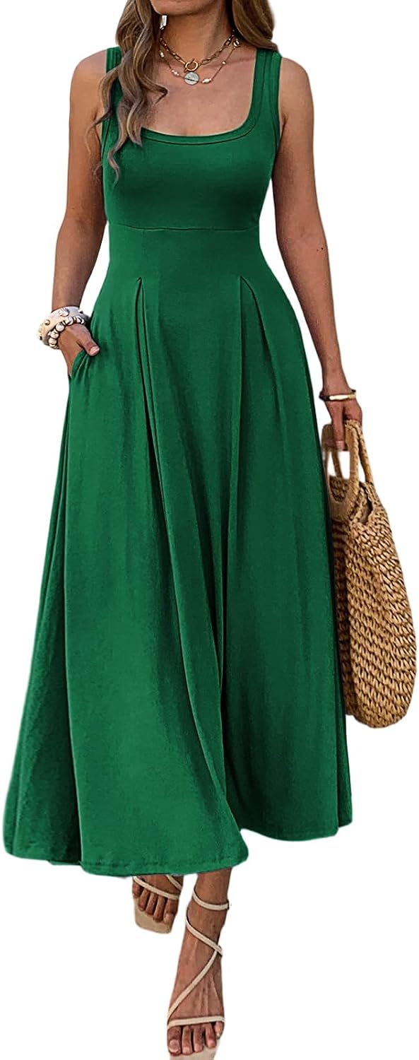 Mieazom Women's Summer Sleeveless Empire Maxi Dress Square Neck A-Line Pleated Flowy Elegant Casual Dresses with Pockets