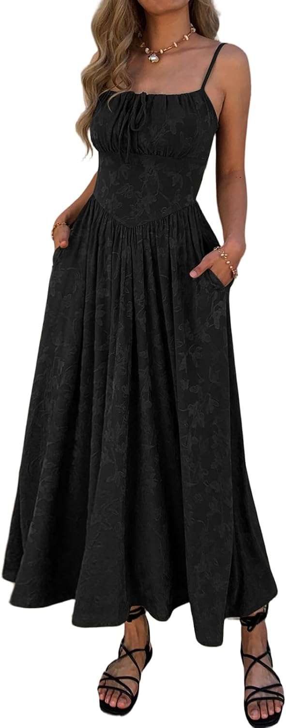 Mieazom Women\u2019s Floral Maxi Dress Spaghetti Strap Sleeveless Summer Dress Tie Front A Line Casual Long Dress with Pockets
