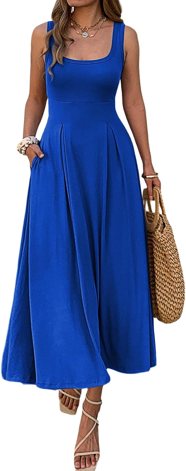 Mieazom Women's Summer Sleeveless Empire Maxi Dress Square Neck A-Line Pleated Flowy Elegant Casual Dresses with Pockets