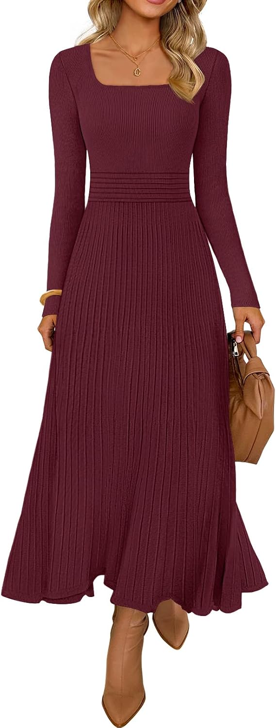 MEROKEETY Women's Sweater Dress Fall Winter Church Midi Dresses | Ribbed Knit, Long Sleeve, Square Neck, Fit and Flare, Pleated, High Waist, Elegant, Wedding Guest, Cocktail Party, Long Dress