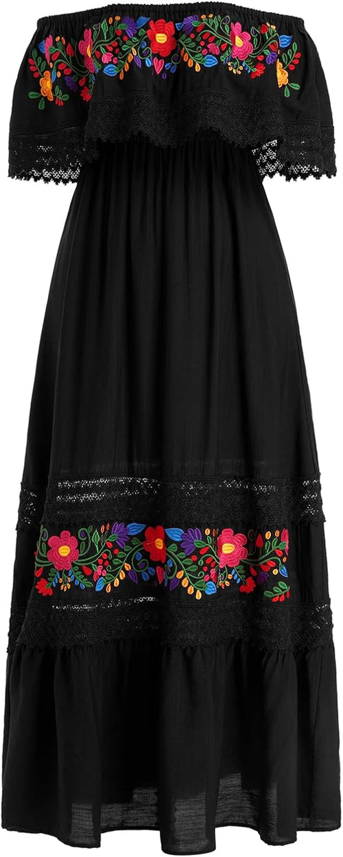 ABEHIK Mexican Dress for Women Traditional Off Shoulder Embroidered Present Casual Lace Long Maxi Dress Cinco de Mayo Outfit
