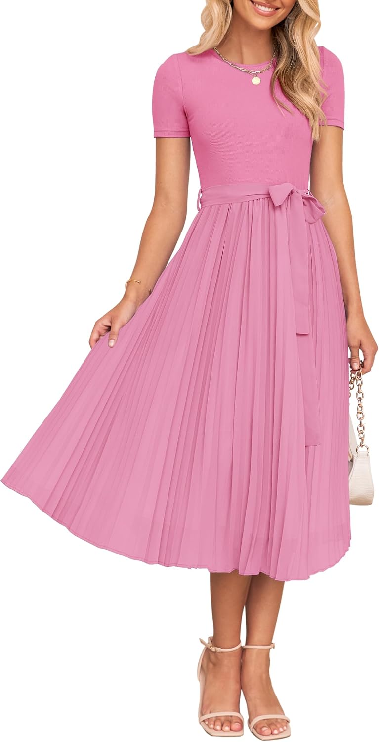 ZESICA Women's 2026 Summer Short Sleeve Knit Midi Dresses | Crewneck, Belted, Pleated, Flowy, Wedding Guest Long Dress, Elegant Formal Sweater Dress, Night Out Dresses, Party Dress