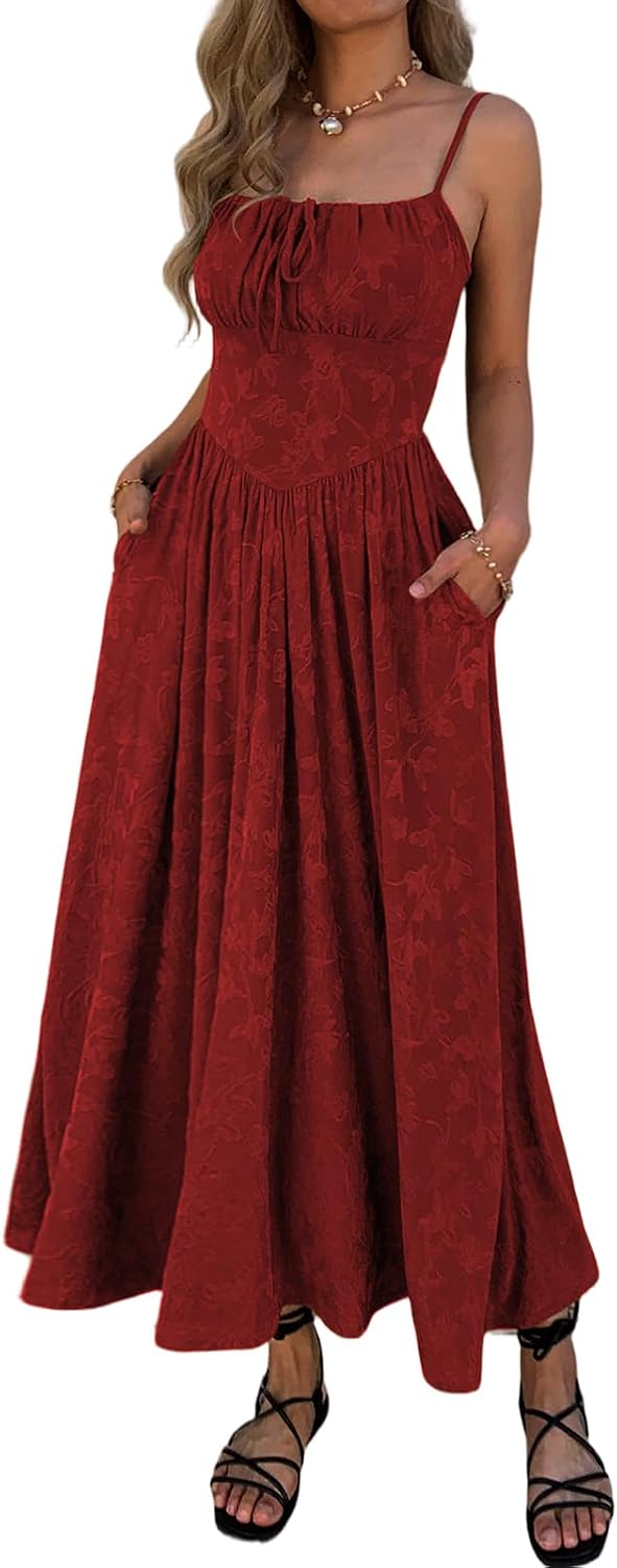Mieazom Women\u2019s Floral Maxi Dress Spaghetti Strap Sleeveless Summer Dress Tie Front A Line Casual Long Dress with Pockets