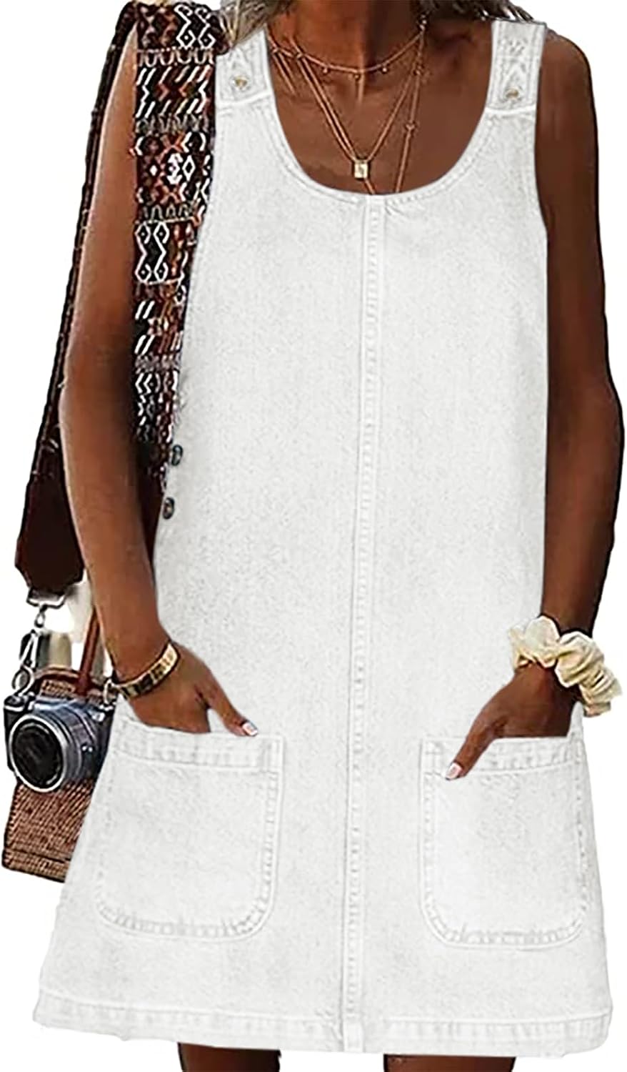 BZB Women's Sleeveless Casual Denim Dress Western Jean Overall Dress | Crewneck, Vintage, Loose, Mini Jean Dress with Pockets , Western Cowgirl Outfits