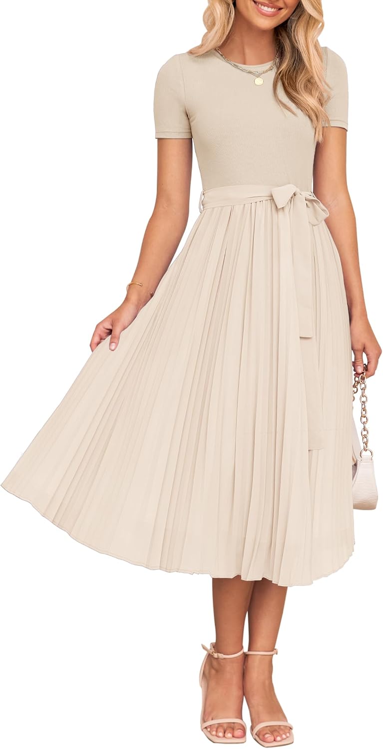 ZESICA Women's 2026 Summer Short Sleeve Knit Midi Dresses | Crewneck, Belted, Pleated, Flowy, Wedding Guest Long Dress, Elegant Formal Sweater Dress, Night Out Dresses, Party Dress
