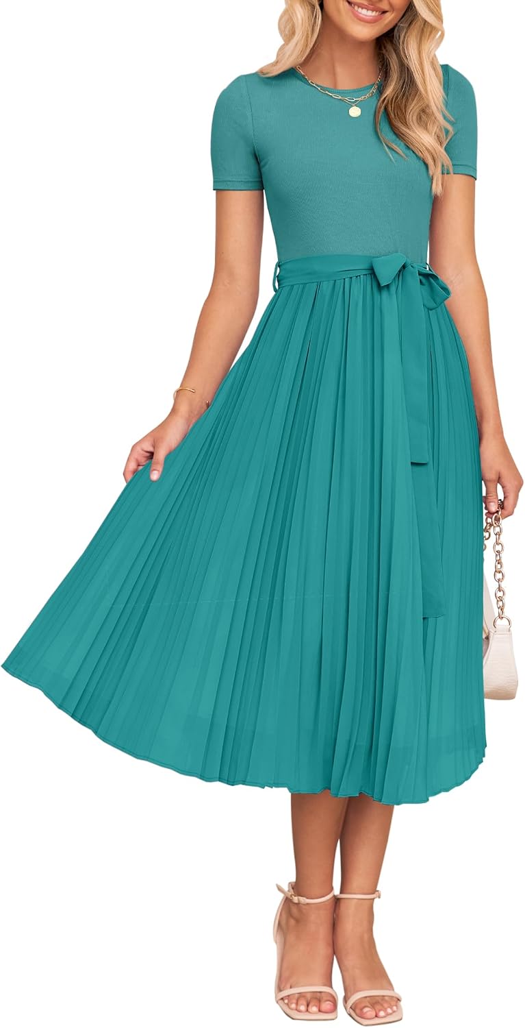ZESICA Women's 2026 Summer Short Sleeve Knit Midi Dresses | Crewneck, Belted, Pleated, Flowy, Wedding Guest Long Dress, Elegant Formal Sweater Dress, Night Out Dresses, Party Dress