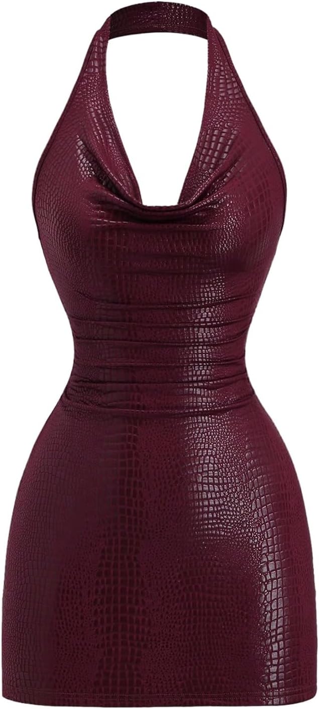 Milumia Women Sexy PU Leather Bodycon Halter Mini Dress Cowl Neck Club Rave | Party Dresses, Going Out, Concert Outfit, Clubbing, Night Out, Open Back, Backless, Rock, Y2k, Draped