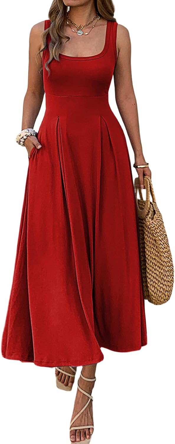 Mieazom Women's Summer Sleeveless Empire Maxi Dress Square Neck A-Line Pleated Flowy Elegant Casual Dresses with Pockets