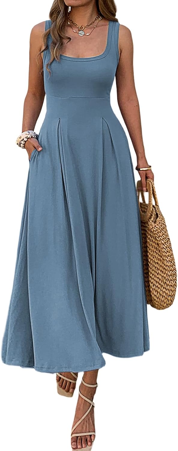 Mieazom Women's Summer Sleeveless Empire Maxi Dress Square Neck A-Line Pleated Flowy Elegant Casual Dresses with Pockets