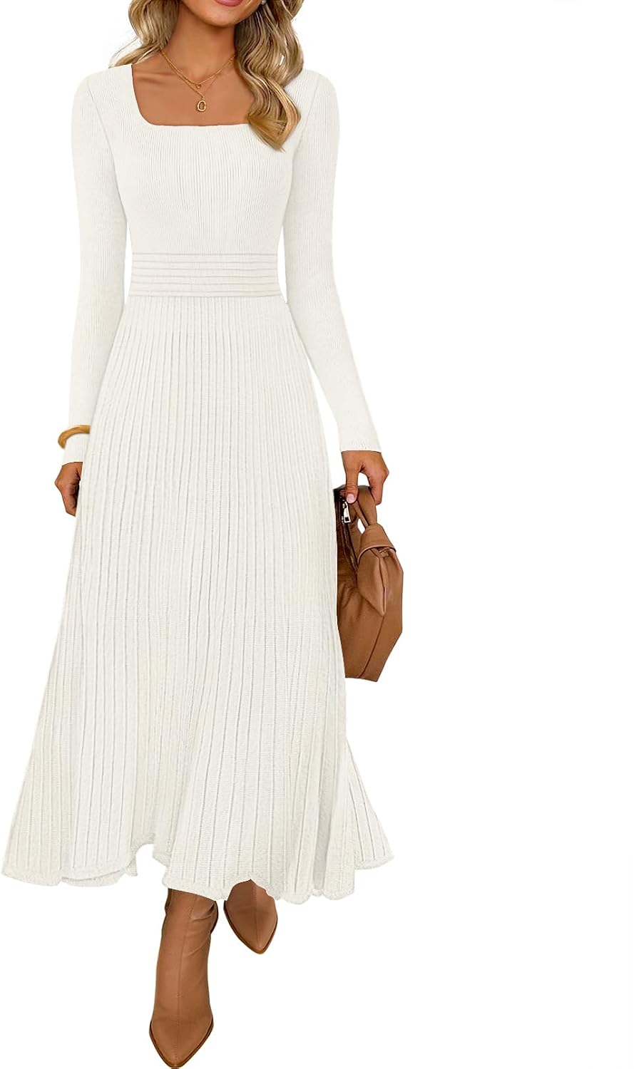 MEROKEETY Women's Sweater Dress Fall Winter Church Midi Dresses | Ribbed Knit, Long Sleeve, Square Neck, Fit and Flare, Pleated, High Waist, Elegant, Wedding Guest, Cocktail Party, Long Dress