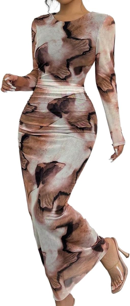 Narecte Fall Dresses for Women Long Sleeve Bodycon Mesh Maxi Dress | Tie Dye Printed Sheer Mesh Long Dress with Crew Neck, Casual Elegant Ruched Bodycon Formal Party Cocktail Dress