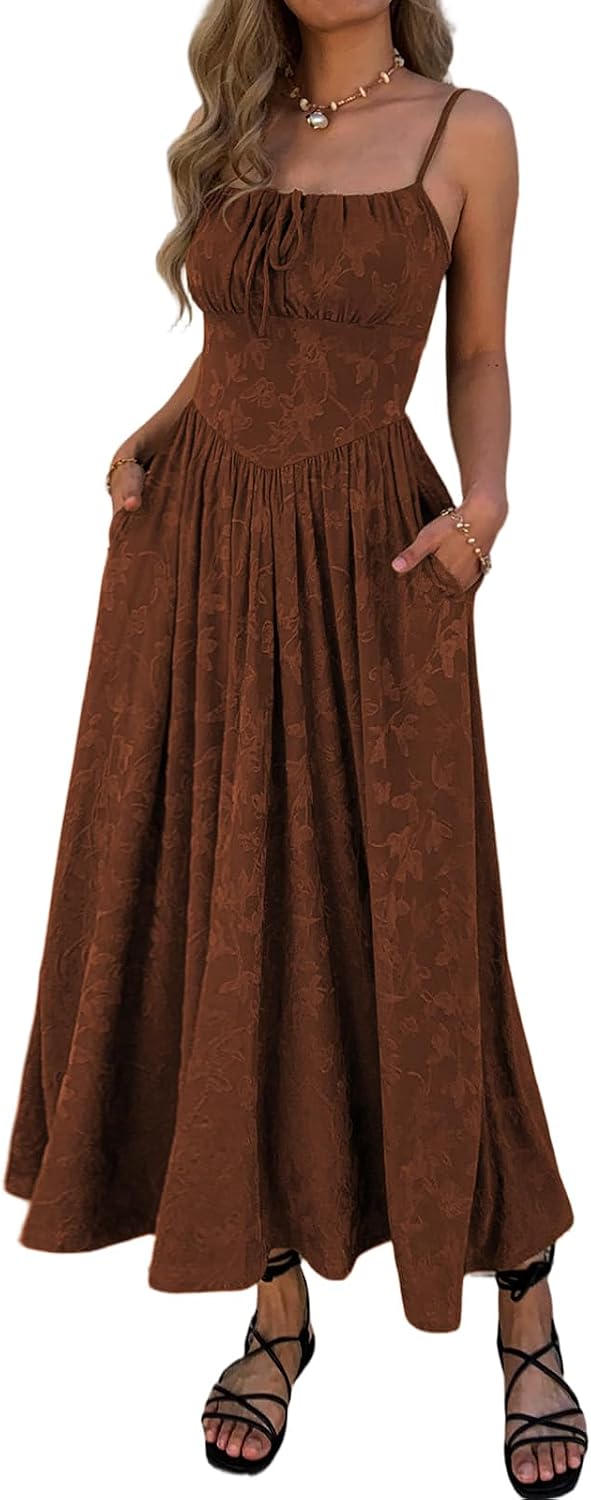 Mieazom Women\u2019s Floral Maxi Dress Spaghetti Strap Sleeveless Summer Dress Tie Front A Line Casual Long Dress with Pockets