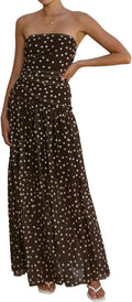ABYOVRT Women Tube Top Dress Polka Dot Mesh Maxi Dress Strapless Flowy Long Dresses Beach Vacation Wedding Guest