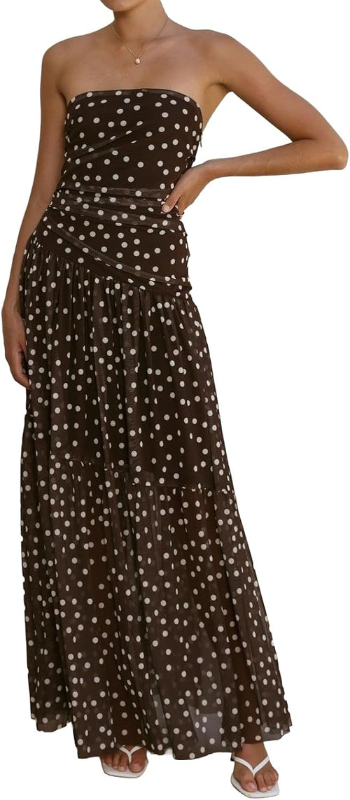 ABYOVRT Women Tube Top Dress Polka Dot Mesh Maxi Dress Strapless Flowy Long Dresses Beach Vacation Wedding Guest