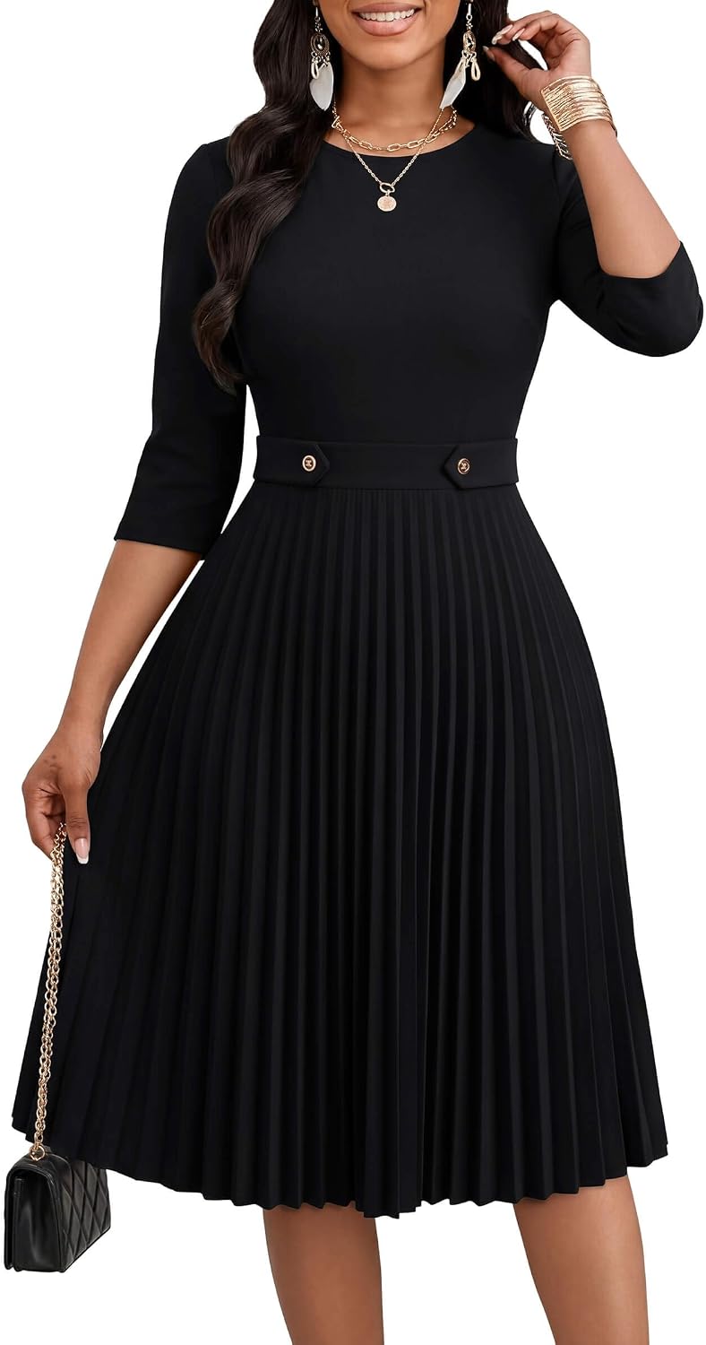 Nmoder Pleated Midi Dresses for Women A-Line Church Dress with Pockets | Fit and flare, 3\/4 sleeve, crew neck, empire waist, elegant style for work office business casual wedding guest party