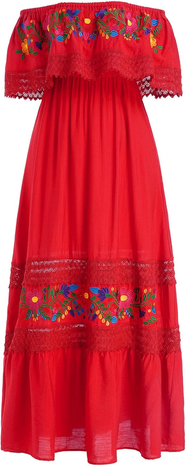 ABEHIK Mexican Dress for Women Traditional Off Shoulder Embroidered Present Casual Lace Long Maxi Dress Cinco de Mayo Outfit