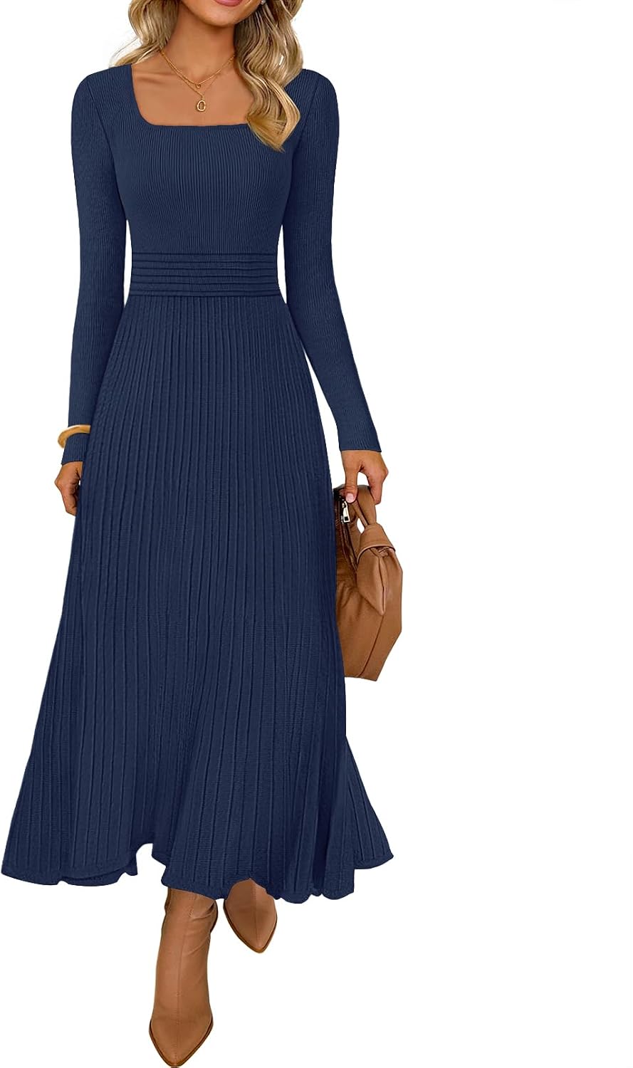 MEROKEETY Women's Sweater Dress Fall Winter Church Midi Dresses | Ribbed Knit, Long Sleeve, Square Neck, Fit and Flare, Pleated, High Waist, Elegant, Wedding Guest, Cocktail Party, Long Dress
