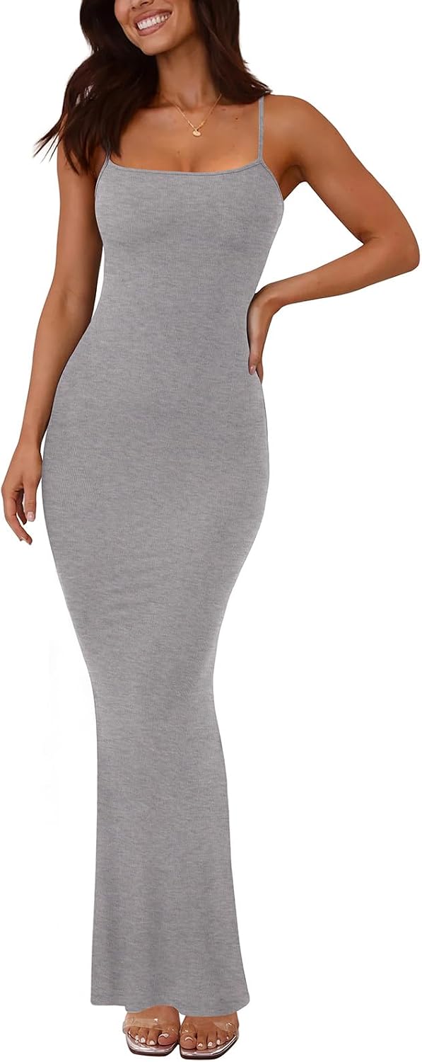 REORIA Women's Basic Sexy Lounge Slip Long Dress Elegant Sleeveless Backless Ribbed Bodycon Maxi Dresses