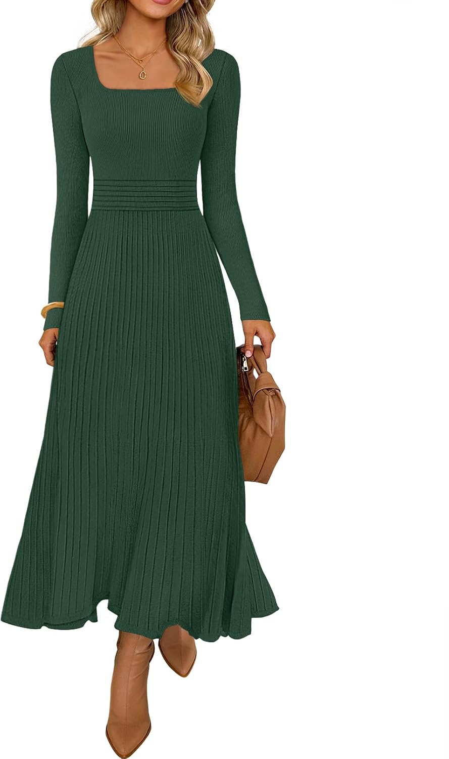 MEROKEETY Women's Sweater Dress Fall Winter Church Midi Dresses | Ribbed Knit, Long Sleeve, Square Neck, Fit and Flare, Pleated, High Waist, Elegant, Wedding Guest, Cocktail Party, Long Dress