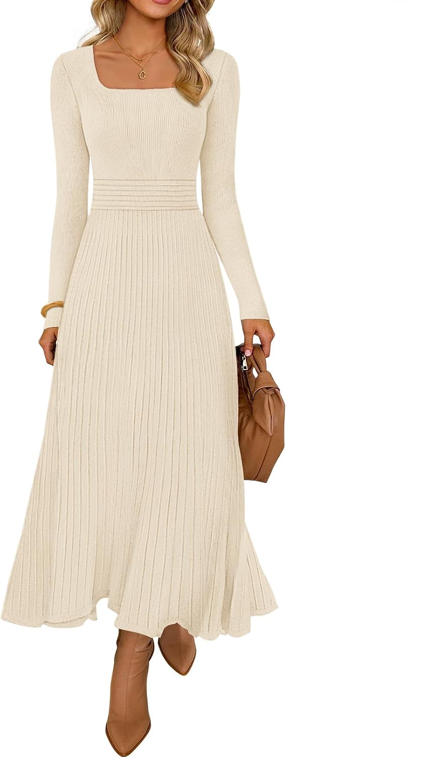 MEROKEETY Women's Sweater Dress Fall Winter Church Midi Dresses | Ribbed Knit, Long Sleeve, Square Neck, Fit and Flare, Pleated, High Waist, Elegant, Wedding Guest, Cocktail Party, Long Dress