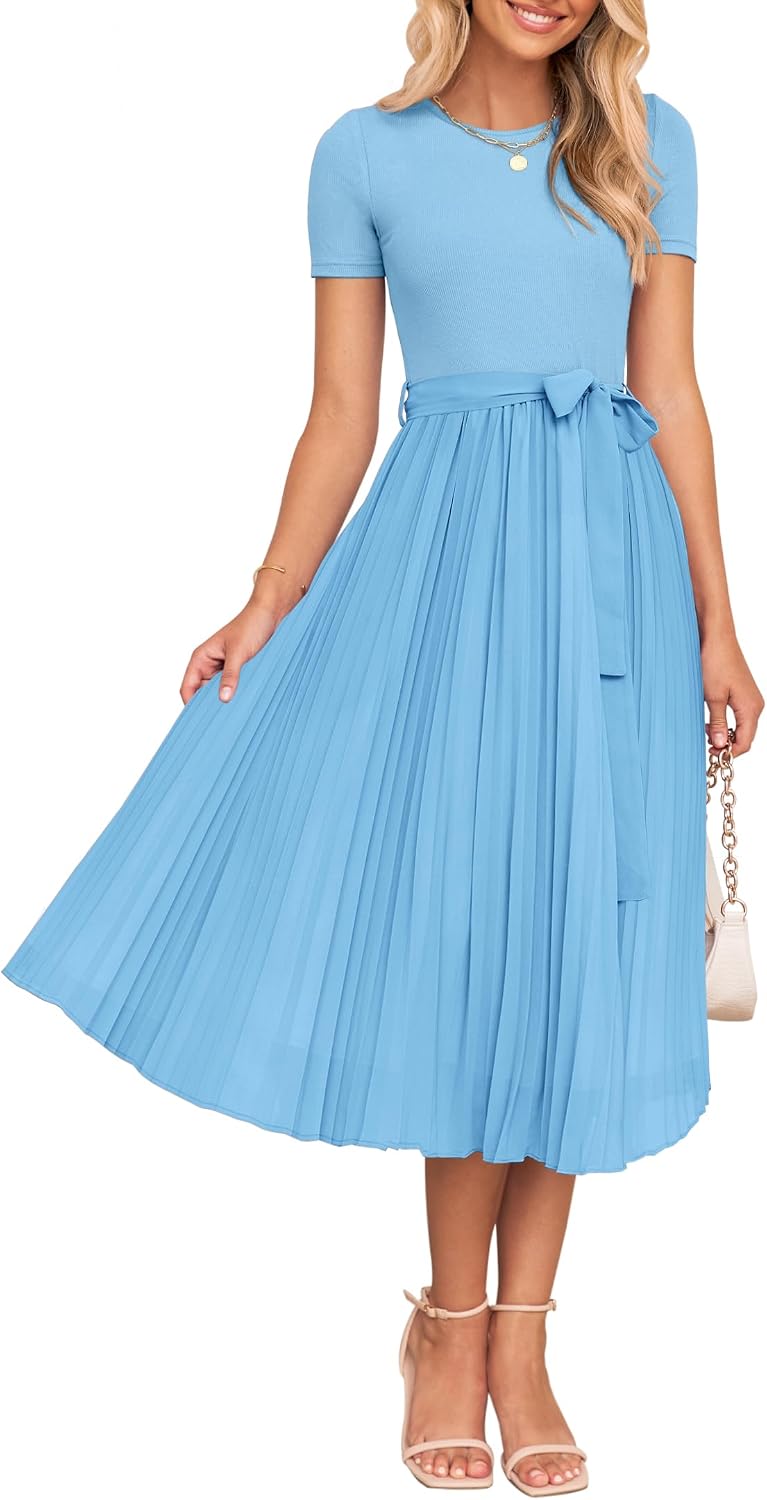 ZESICA Women's 2026 Summer Short Sleeve Knit Midi Dresses | Crewneck, Belted, Pleated, Flowy, Wedding Guest Long Dress, Elegant Formal Sweater Dress, Night Out Dresses, Party Dress