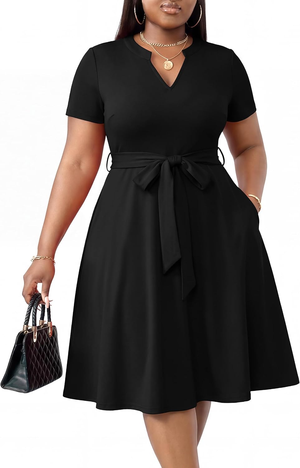 CLOCOR Plus Size Midi Dresses for Curvy Women A-Line Casual Church Dress | Short sleeve, notch v neck, high waist with belt & pockets, elegant style for cocktail party gradution wedding guest