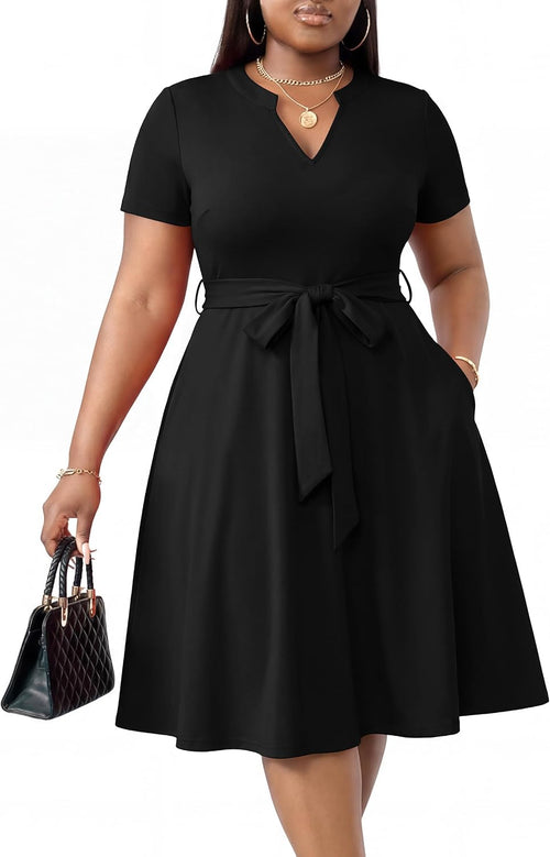 CLOCOR Plus Size Midi Dresses for Curvy Women A-Line Casual Church Dress | Short sleeve, notch v neck, high waist with belt & pockets, elegant style for cocktail party gradution wedding guest
