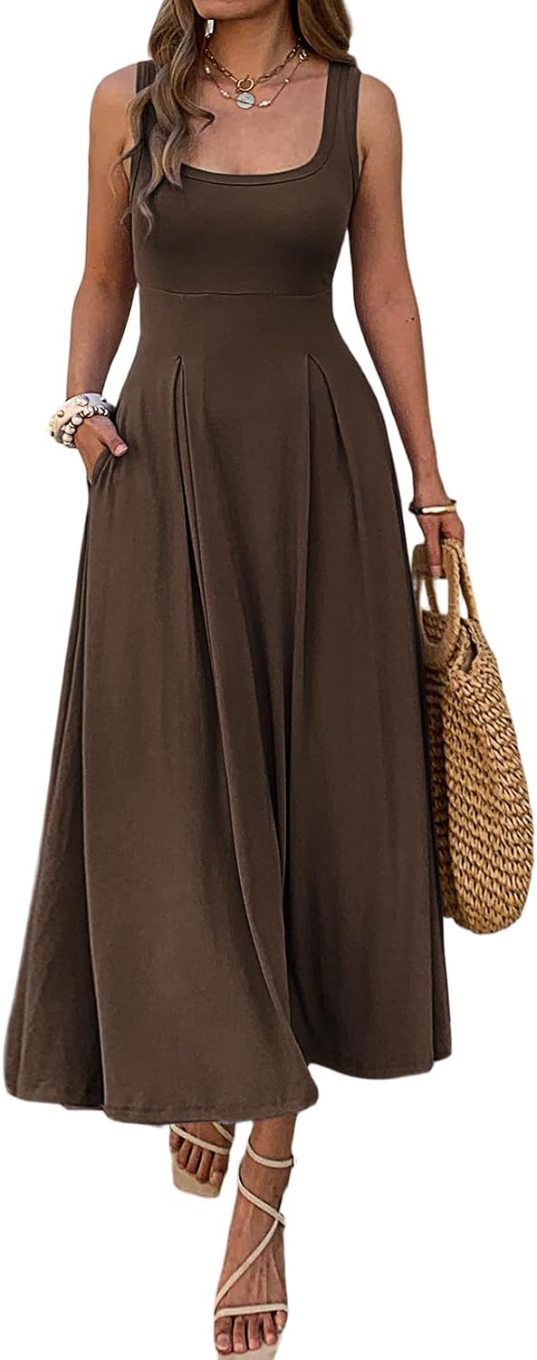 Mieazom Women's Summer Sleeveless Empire Maxi Dress Square Neck A-Line Pleated Flowy Elegant Casual Dresses with Pockets