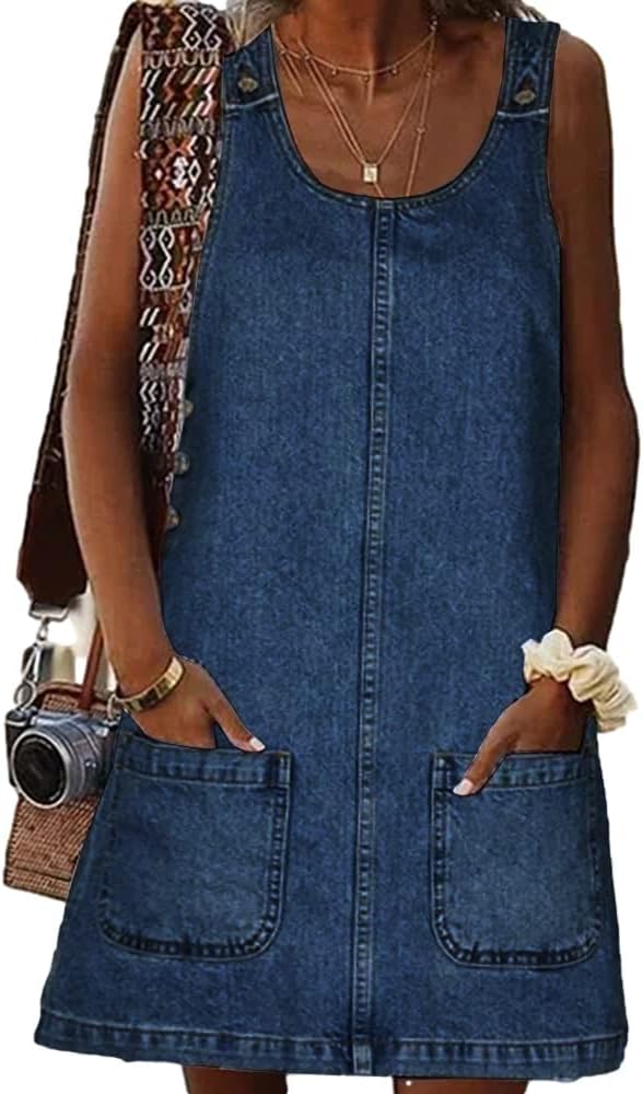 BZB Women's Sleeveless Casual Denim Dress Western Jean Overall Dress | Crewneck, Vintage, Loose, Mini Jean Dress with Pockets , Western Cowgirl Outfits