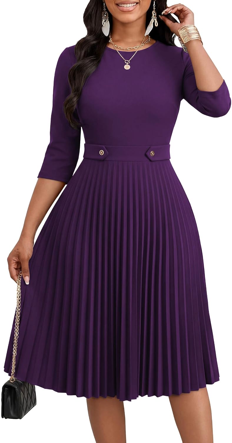 Nmoder Pleated Midi Dresses for Women A-Line Church Dress with Pockets | Fit and flare, 3\/4 sleeve, crew neck, empire waist, elegant style for work office business casual wedding guest party