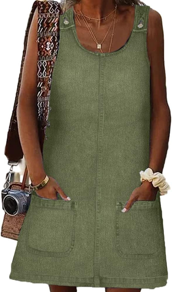 BZB Women's Sleeveless Casual Denim Dress Western Jean Overall Dress | Crewneck, Vintage, Loose, Mini Jean Dress with Pockets , Western Cowgirl Outfits