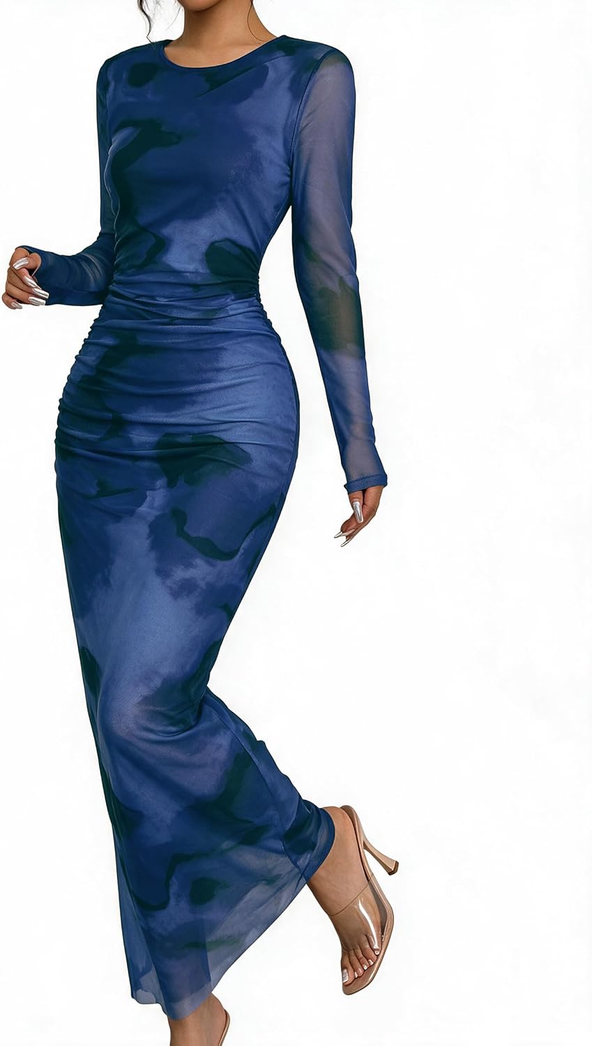Narecte Fall Dresses for Women Long Sleeve Bodycon Mesh Maxi Dress | Tie Dye Printed Sheer Mesh Long Dress with Crew Neck, Casual Elegant Ruched Bodycon Formal Party Cocktail Dress