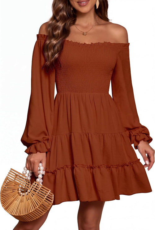 AUMORA Women's Off Shoulder Long Sleeve Smocked Flowy Short Mini Dress | Puff Sleeve Ruffle Hem A-Line Dress,Side Pockets,Square Neck,Wedding Guest Dresses,Beach Vacation Casual Dresses