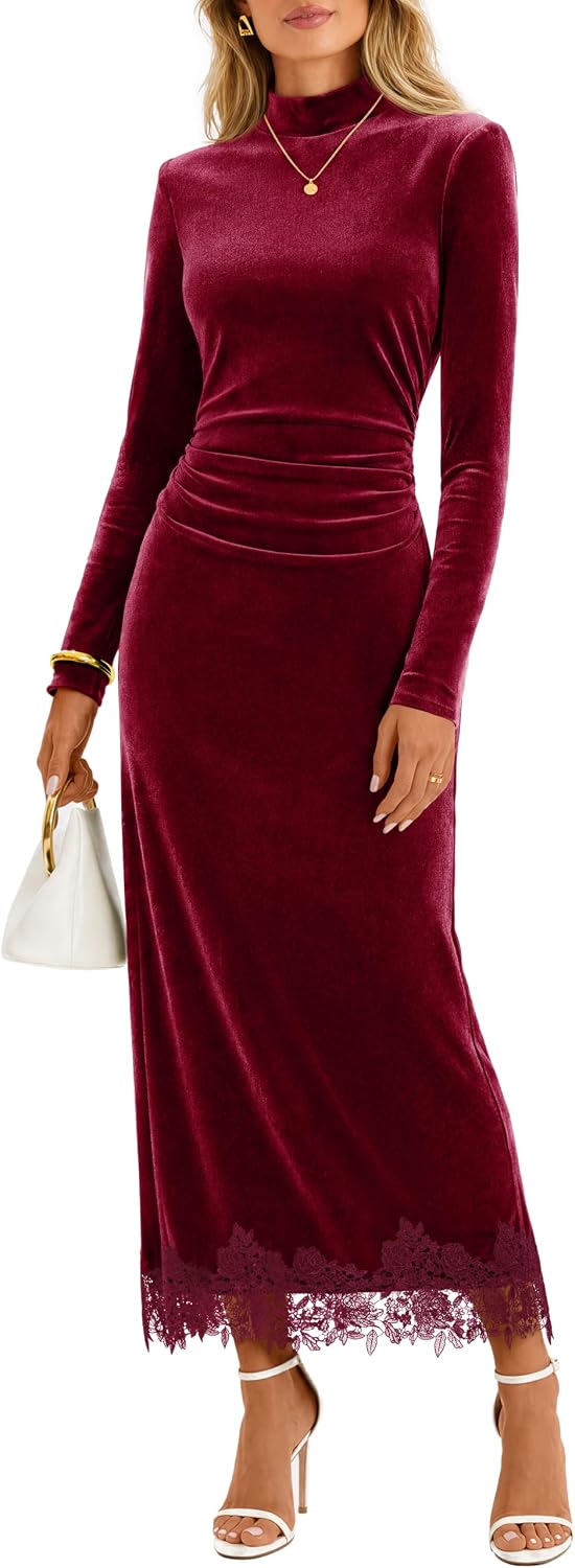 MEROKEETY Women's Velvet Lace Fall Wedding Guest Cocktail Maxi Dress | Long Sleeve, Mock Neck, Ruched Waist, Elegant Fall Dress 2026, Back Slit, Zipper, Formal Maxi Dress, Slimming Fit, Date Night