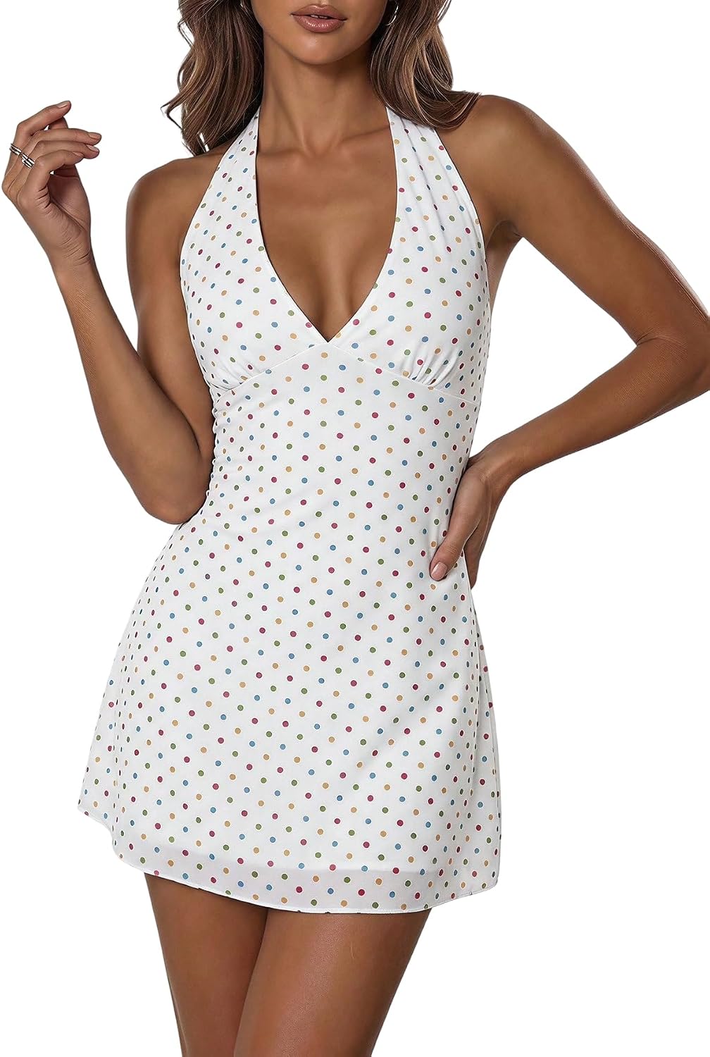 Women's Polka Dot Halter Mini Dress Sleeveless Y2K Summer Short Dresses | Backless, V Neck, Tie Back, A Line, Flare Hem, Mesh, Party, Summer, Vacation, Club, Festival