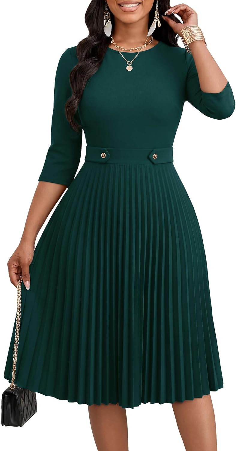 Nmoder Pleated Midi Dresses for Women A-Line Church Dress with Pockets | Fit and flare, 3\/4 sleeve, crew neck, empire waist, elegant style for work office business casual wedding guest party