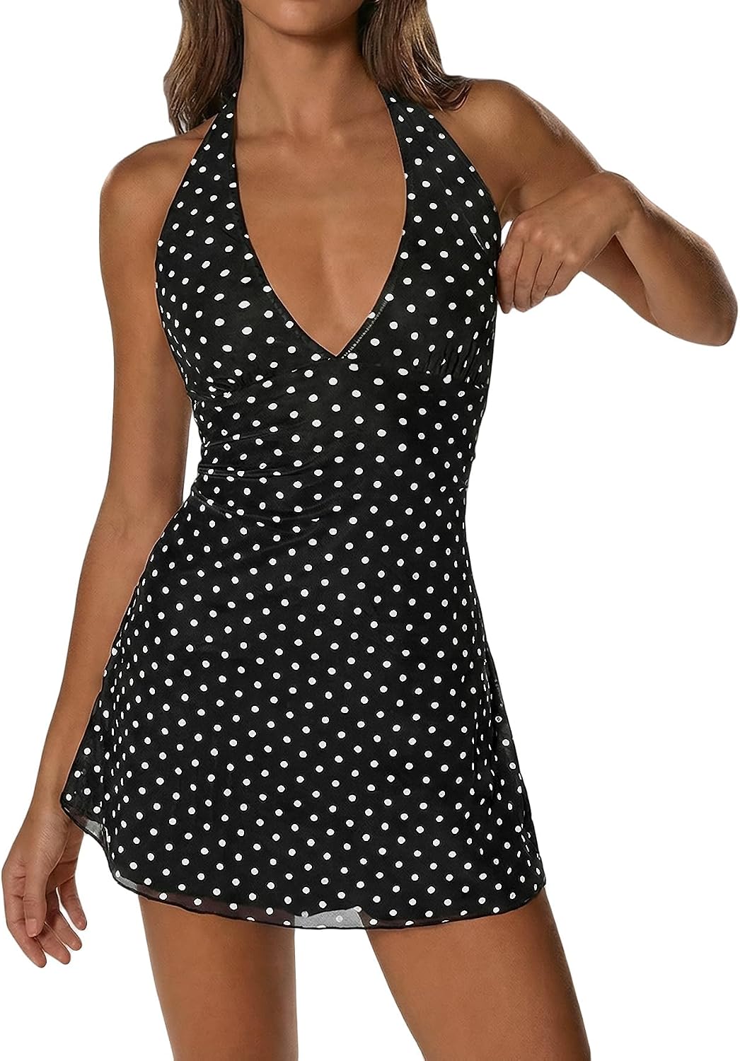 Women's Polka Dot Halter Mini Dress Sleeveless Y2K Summer Short Dresses | Backless, V Neck, Tie Back, A Line, Flare Hem, Mesh, Party, Summer, Vacation, Club, Festival