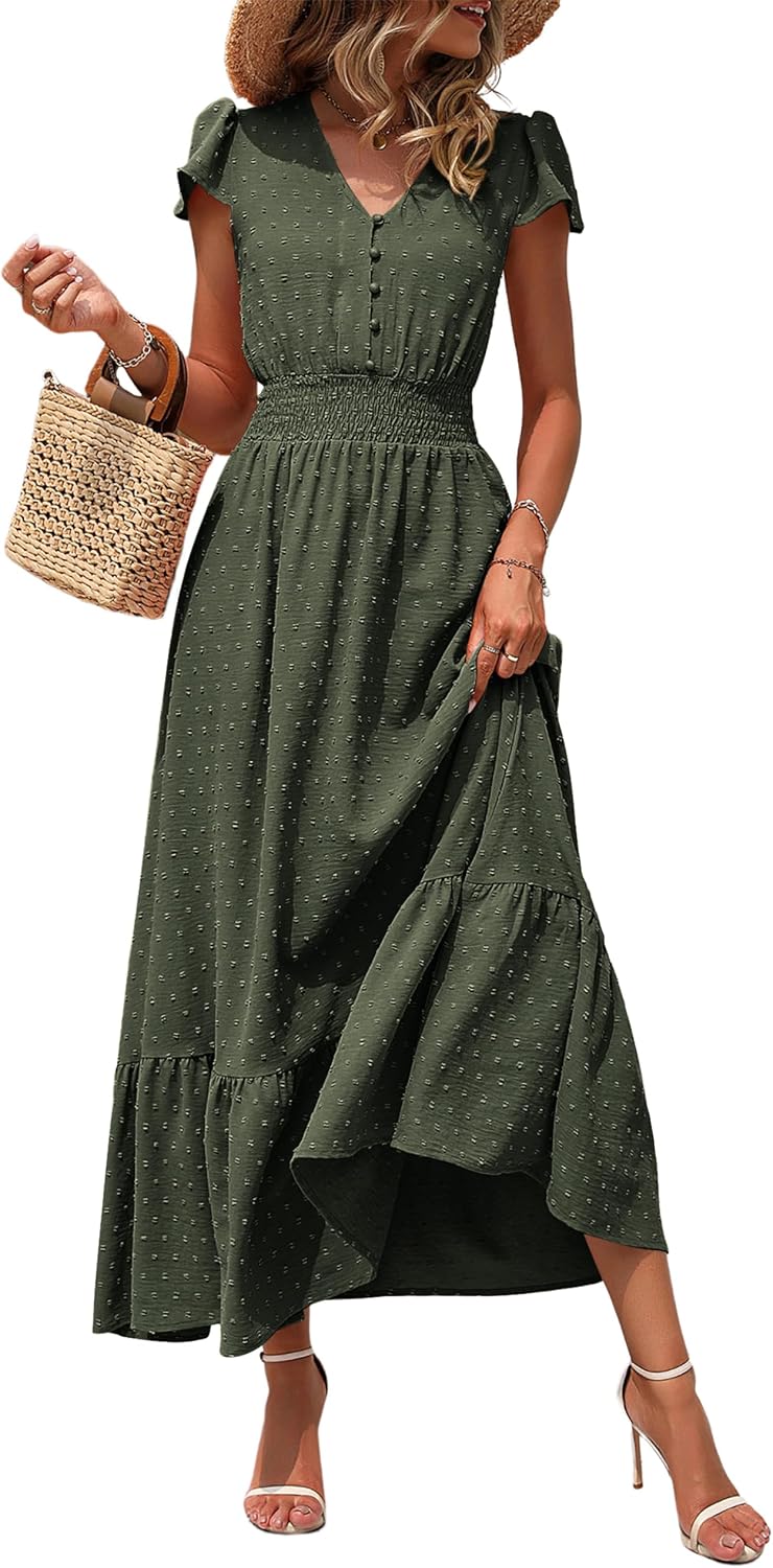 PRETTYGARDEN Womens Dresses 2026 Summer Boho Long Swiss Dot Maxi Dress | Flutter Short Sleeve Dress, Button Down V Neck, Smocked Waist, Ruffle Tiered, Flowy Swing A Line Casual Dresses Beach