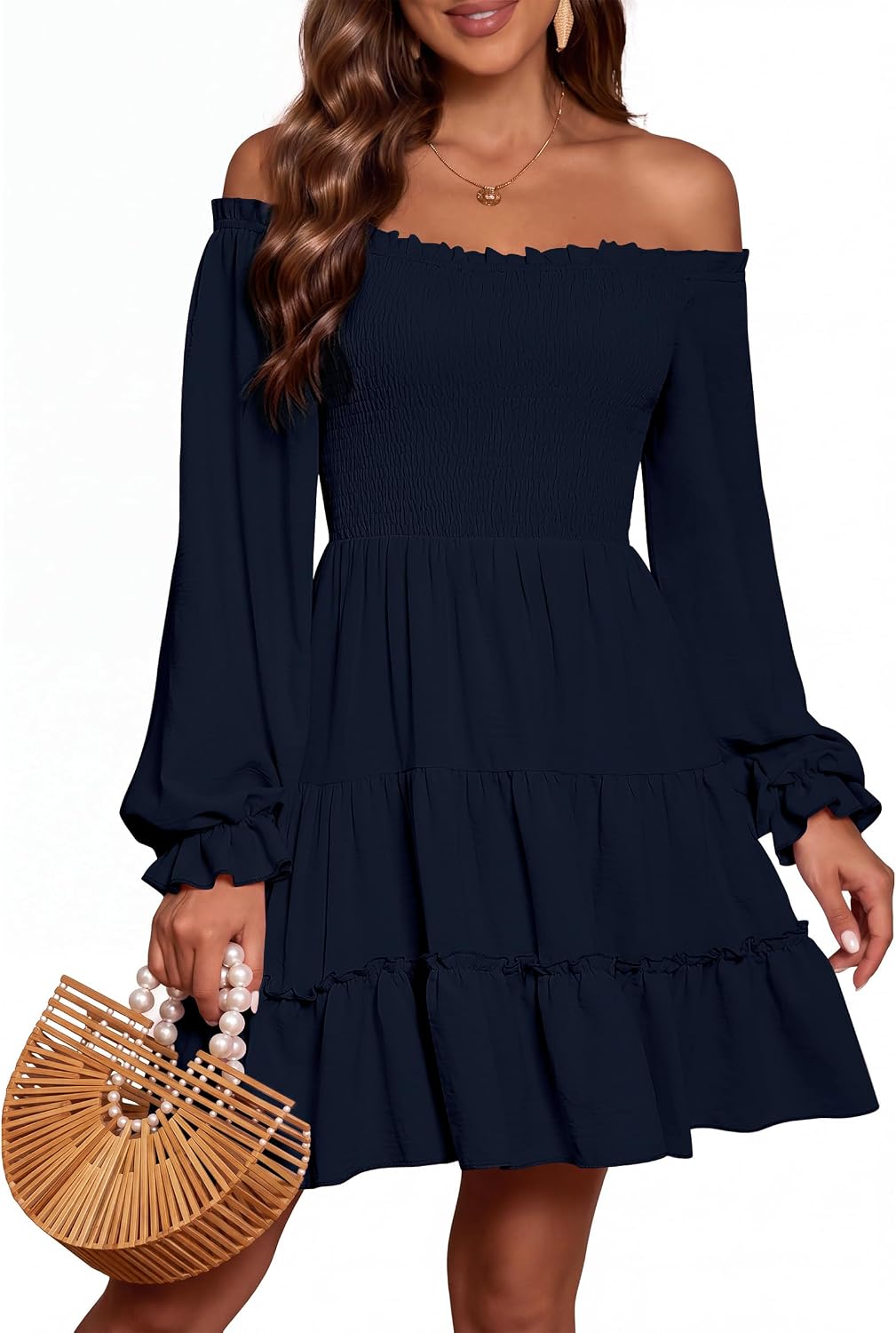 AUMORA Women's Off Shoulder Long Sleeve Smocked Flowy Short Mini Dress | Puff Sleeve Ruffle Hem A-Line Dress,Side Pockets,Square Neck,Wedding Guest Dresses,Beach Vacation Casual Dresses
