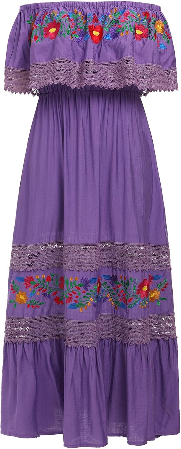 ABEHIK Mexican Dress for Women Traditional Off Shoulder Embroidered Present Casual Lace Long Maxi Dress Cinco de Mayo Outfit
