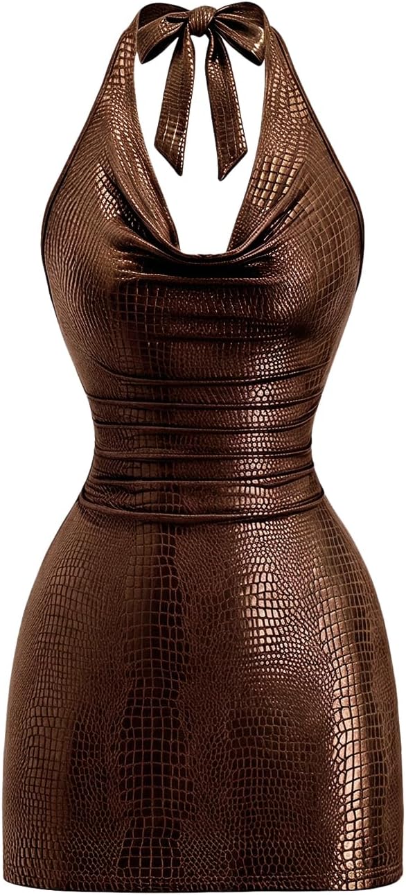 Milumia Women Sexy PU Leather Bodycon Halter Mini Dress Cowl Neck Club Rave | Party Dresses, Going Out, Concert Outfit, Clubbing, Night Out, Open Back, Backless, Rock, Y2k, Draped
