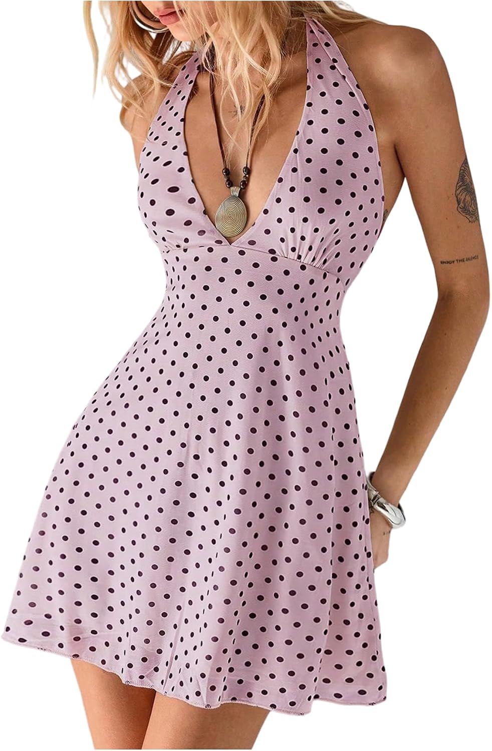 Women's Polka Dot Halter Mini Dress Sleeveless Y2K Summer Short Dresses | Backless, V Neck, Tie Back, A Line, Flare Hem, Mesh, Party, Summer, Vacation, Club, Festival