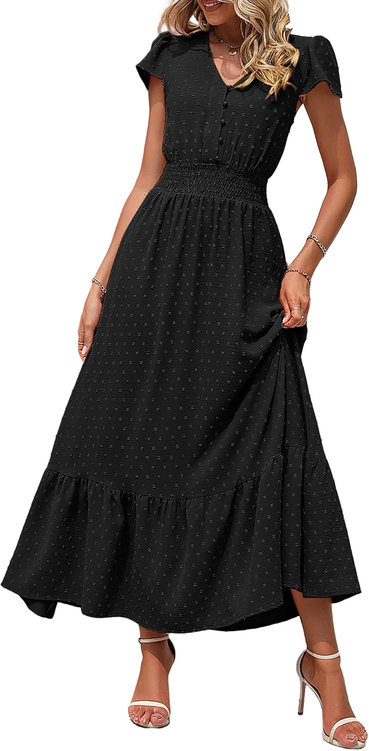 PRETTYGARDEN Womens Dresses 2026 Summer Boho Long Swiss Dot Maxi Dress | Flutter Short Sleeve Dress, Button Down V Neck, Smocked Waist, Ruffle Tiered, Flowy Swing A Line Casual Dresses Beach