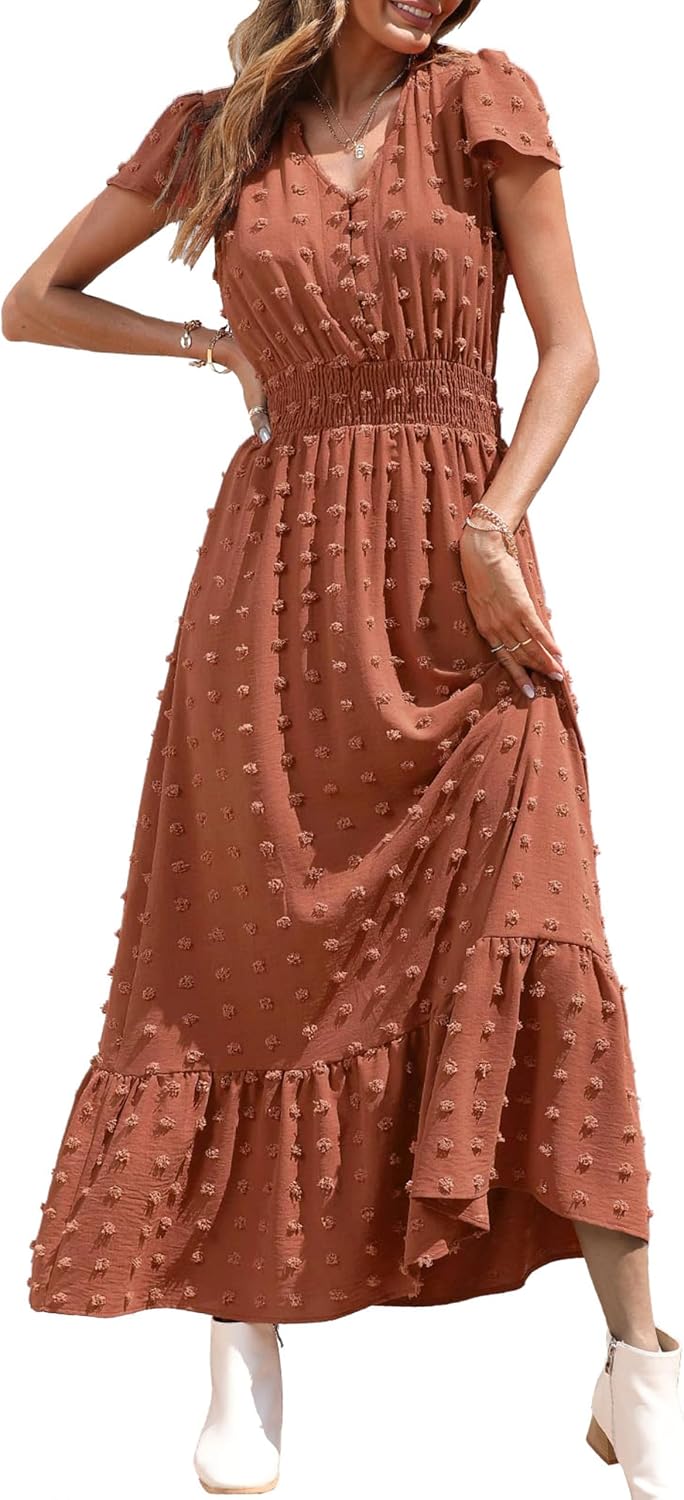PRETTYGARDEN Womens Dresses 2026 Summer Boho Long Swiss Dot Maxi Dress | Flutter Short Sleeve Dress, Button Down V Neck, Smocked Waist, Ruffle Tiered, Flowy Swing A Line Casual Dresses Beach