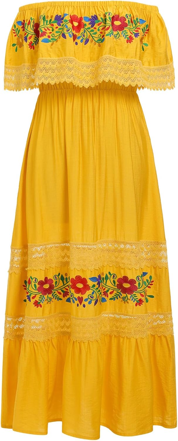 ABEHIK Mexican Dress for Women Traditional Off Shoulder Embroidered Present Casual Lace Long Maxi Dress Cinco de Mayo Outfit