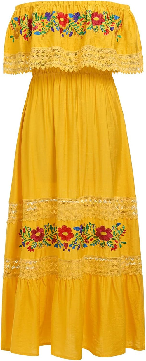 ABEHIK Mexican Dress for Women Traditional Off Shoulder Embroidered Present Casual Lace Long Maxi Dress Cinco de Mayo Outfit